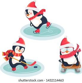 Christmas penguins in winter. Winter sports. Childrens sports concept. Vector illustration.