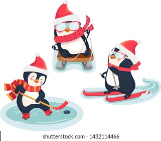 Christmas penguins in winter. Winter sports. Childrens sports concept. Vector illustration.