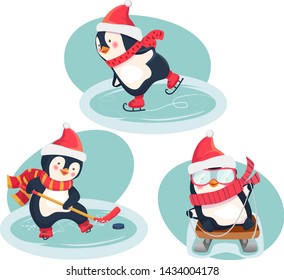 Christmas penguins in winter. Winter sports. Childrens sports concept. Vector illustration.