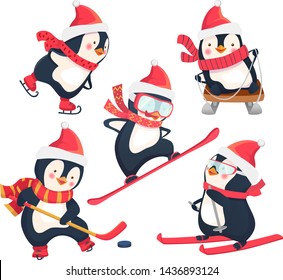 Christmas penguins in winter. Winter sports. Childrens sports concept. Vector illustration.