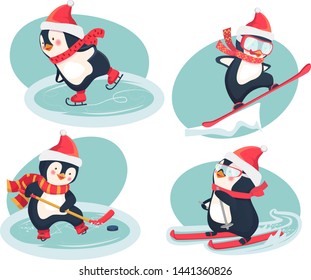 Christmas penguins in winter. Winter sports. Childrens sports concept. Vector illustration.