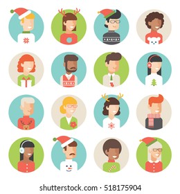 Christmas people avatar flat round icon set