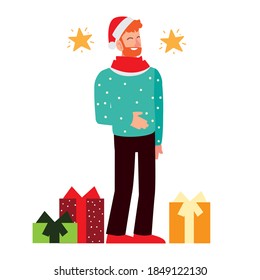 christmas people, bearded man with wrapped gift boxes and stars celebrating season party vector illustration