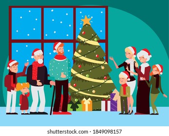 christmas people, big family with tree lights decoration celebrating season party vector illustration