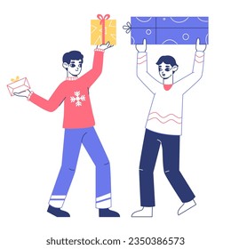 Christmas people carrying gifts. People with xmas gifts, winter holidays gift exchange flat vector illustration