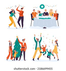 Christmas people celebrating holiday together. Family members sitting at table, drinking champagne at midnight. Couple with daughter decorating fir tree. Parents with children under confetti vector