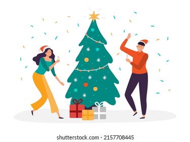 Christmas people celebrating winter holiday near decorated fir tree. Female and male characters wearing Santa caps and drinking champagne. Xmas gift boxes under tree vector, happy couple