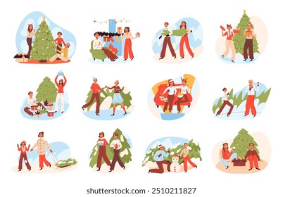 Christmas people. Characters celebrating winter holidays, decorating xmas tree and giving xmas gifts flat vector illustration set. Family Christmas festive scenes