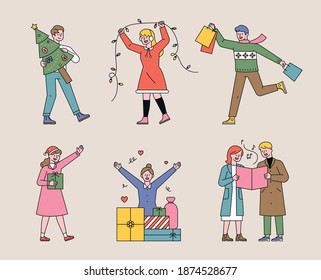 Christmas and people characters. People are decorating trees, giving gifts, and singing carols. flat design style minimal vector illustration.