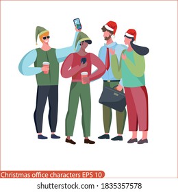  Christmas people characters in a flat style. Christmas party in the office, corporate, office staff at the new year party. Christmas time at work, Christmas characters EPS 10