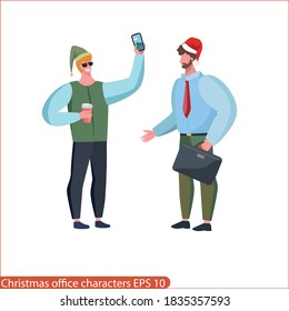  Christmas people characters in a flat style. Christmas party in the office, corporate, office staff at the new year party. Christmas time at work, Christmas characters EPS 10