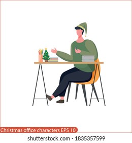  Christmas people characters in a flat style. Christmas party in the office, corporate, office staff at the new year party. Christmas time at work, Christmas characters EPS 10