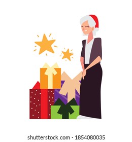 christmas people, elderly woman with santa hat and gift boxes celebrating season party vector illustration