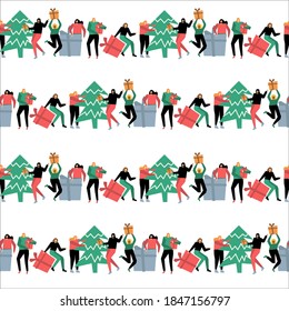 Christmas people flat vector illustration. Cartoon people hand drawn pattern. Ideal for wrapping paper, banner, backdrop. 