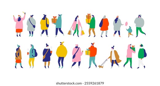 Christmas people flat vector illustration set isolated on white. Winter time people in warm clothes, with Christmas gifts walking outdoor 