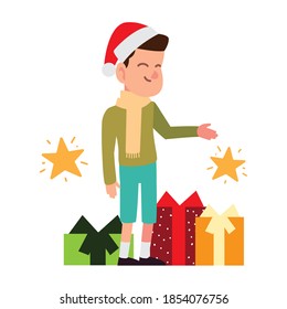 christmas people, happy boy with santa hat and gift boxes celebrating season party vector illustration