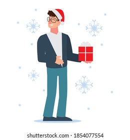 christmas people, happy man holding gift box season winter celebration vector illustration