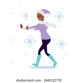 christmas people, happy woman with hat scarf and snowflakes season winter vector illustration