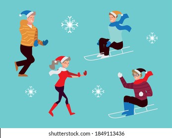 christmas people, men riding sled, happy man and woman season winter vector illustration