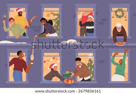 Christmas people neighbors in window frames sharing greetings and congratulating with winter holiday vector illustration. Happy neighborhood and Xmas, New Year celebration at home apartments