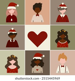 Christmas people portrait illustration set. Male and female avatars without a face. Man and woman wearing santa hat and festive dress. Flat vector illustration, cartoon style