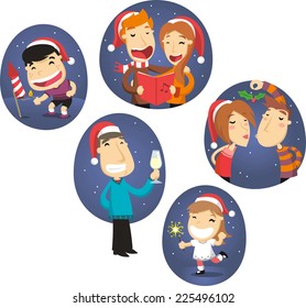 Christmas people scenes vector cartoon illustration