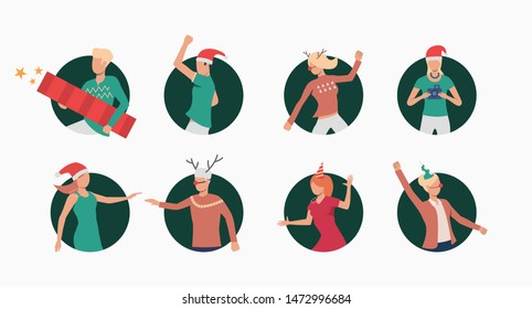 Christmas people set. Men and women in Xmas outfit dancing and having fun. Holiday concept. Vector illustration can be used for topics like celebration, office party, new year