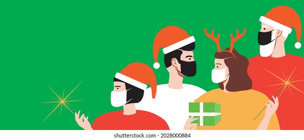 Christmas people silhouettes, covid lockdown. Copy space template. Flat vector stock illustration. Friends in face masks. Fun party. Copy space back for overlay. Christmas illustration for design
