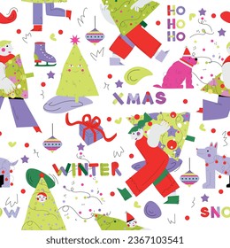 Christmas people with tree seamless pattern