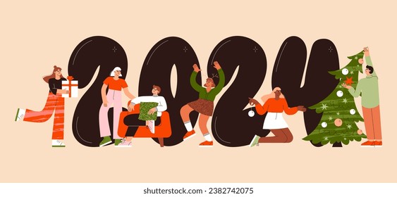 Christmas people vector flat illustration. Friends celebrate New Year 2024. Winter holidays. Christmas party 