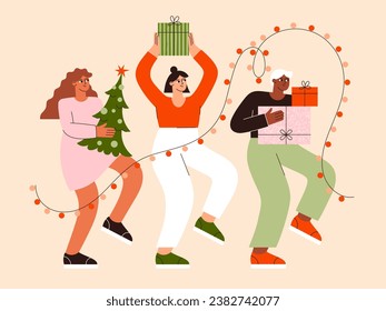 Christmas people vector flat illustration. Group of people carrying Christmas gifts. Friends celebrate New Year. Winter holidays. Christmas party 