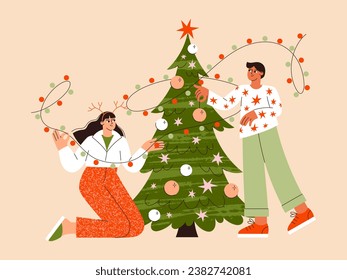 Ilustración plana vectorial de Navidad. Pareja decorando el árbol de Navidad. Un hombre y una chica celebrando Año Nuevo