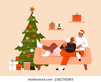 Christmas people vector flat illustration. Couple celebrating Christmas at home.  A guy and a girl are sitting on the sofa near the Christmas tree