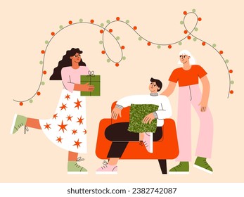 Christmas people vector flat illustration. A girl gives a Christmas gift to a guy. Friends celebrate New Year. Winter holidays 