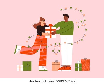 Christmas people vector flat illustration. Girl gives a Christmas gift to boyfriend. Couple of people celebrate winter holidays