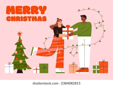 Christmas people vector flat illustration. Girl gives a Christmas gift to boyfriend. Couple of people celebrate winter holidays