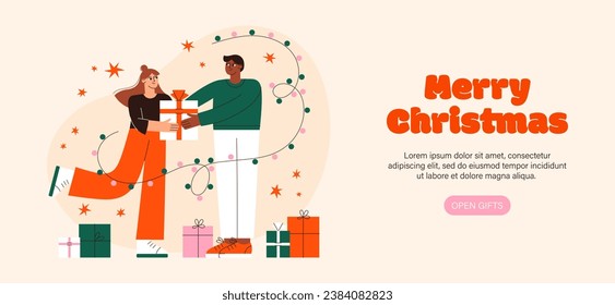 Christmas people vector flat illustration. Girl gives a Christmas gift to boyfriend. Couple of people celebrate winter holidays