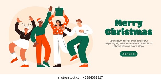 Christmas people vector flat illustration. Group of holidays people celebrate New Year. Christmas party 