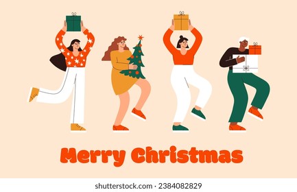 Christmas people vector flat illustration. Group of people carrying Christmas gifts. Friends celebrate New Year. Winter holidays. Christmas party