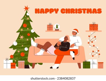 Christmas people vector flat illustration. Couple celebrating Christmas at home.  A guy and a girl are sitting on the sofa near the Christmas tree