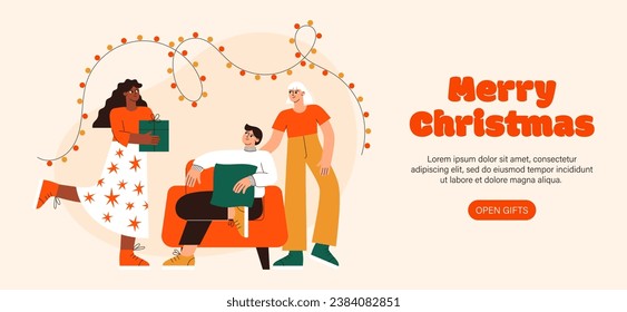 Christmas people vector flat illustration. A girl gives a Christmas gift to a guy. Friends celebrate New Year. Winter holidays
