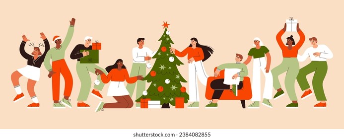 Christmas people vector flat illustration set. Friends celebrate New Year. Winter holidays. Christmas party