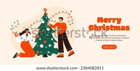 Christmas people vector flat illustration. Couple decorating Christmas tree. A guy and a girl celebrating New Year