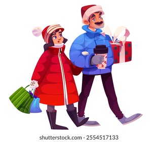 Christmas people walk with gift in winter vector illustration. Happy couple character with shopping bag and present smile on xmas time. Woman and man holding surprise purchases and walking cartoon