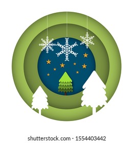 Christmas in peper cut design. Merry christmas and happy new year greeting card.