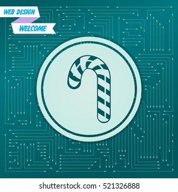 Christmas peppermint candy cane with stripes icon on a green background, with arrows in different directions. It appears on the electronic board. Vector illustration