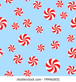 Christmas Peppermint Candy Seamless Vector Pattern. Red and White Swirls on Light Blue Background. Random size. Pattern Swatch Made with Global Colors.