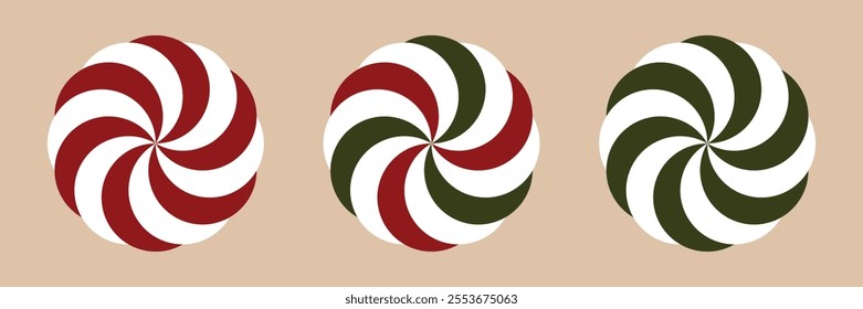 Christmas peppermint candy set. Round red, green and white xmas, holiday candy with swirls. Striped and swirl caramel without wrapper.