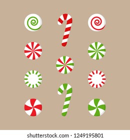 Christmas peppermint candy vector illustration collection. Round red or green and white xmas, holiday candy with swirls and candy cane lollipops. Isolated on beige background.