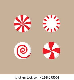 Christmas Peppermint Candy Vector Illustration Icon Set. Round Red And White Xmas, Holiday Candy With Swirls. Isolated On Beige Background.